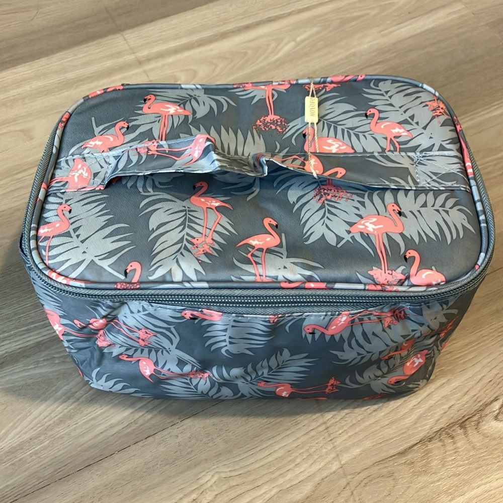 Travel Toiletry Case Blue and Pink Flamingo and Leaves NWT